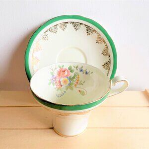 Aynsley Green, Gold and Floral Vintage Corset Teacup and Saucer